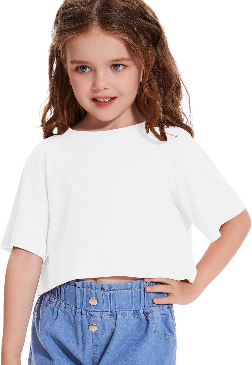 Girls Short Sleeve Crop Tops Kids Fashion Oversized Crew Neck Cropped T Shirts Casual Tees White 9-10 Years image 3 of 5 B0DPY17WTX