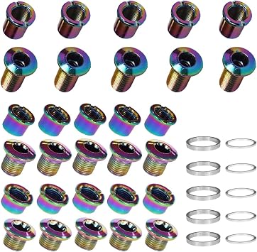 5 pcs for Each Colorful Single/Double/Triple Chainring Bolts Screws Disc Crankset Nuts Chainwheel Colorful + 10 pcs Silver Washers Fit for Road Bike Mountain Bike MTB 25 pcs