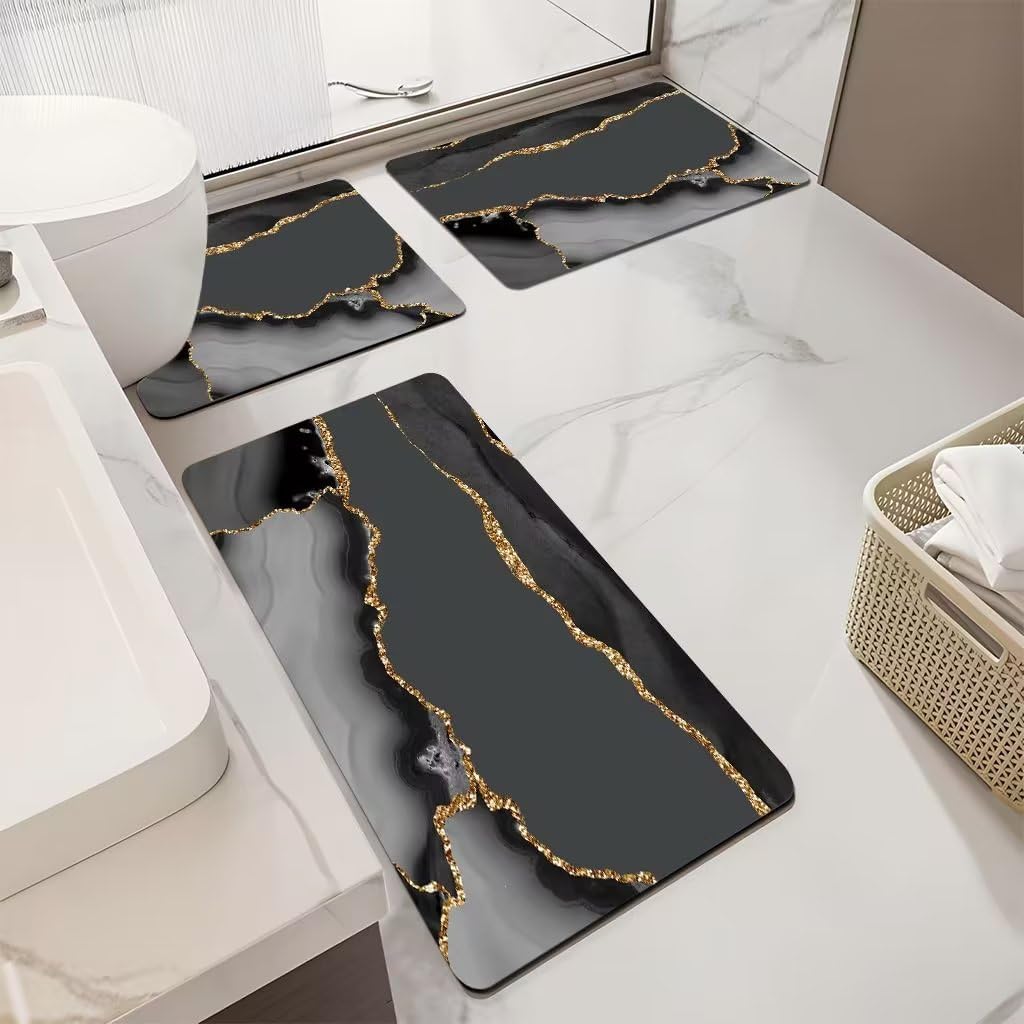 Tappeto Bagno Marmo Nero Dorato Tappeti Bagno 3 Pezzi Asciugatura Rapida Diatomite Facile da Pulire Doccia Antiscivolo Assorbente Set Tappeti 3 Pezzi