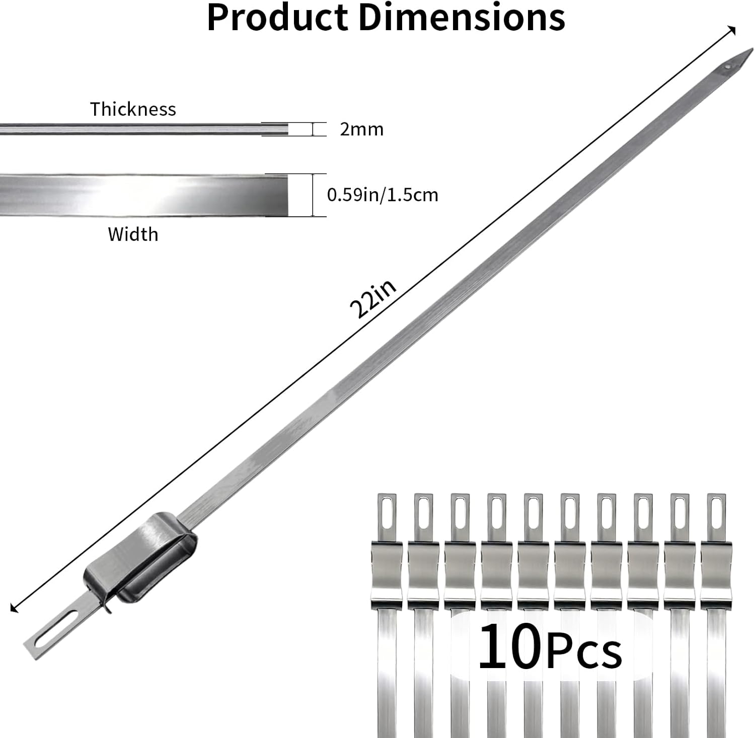 10 Pack Kabob Skewers for Grilling, 20 inch Flat Metal Skewers for Kabobs with Removable Slider, Thick Stainless Steel Kebab Sticks Reusable for Shish, Koobideh, Chicken, Meat and Vegetable