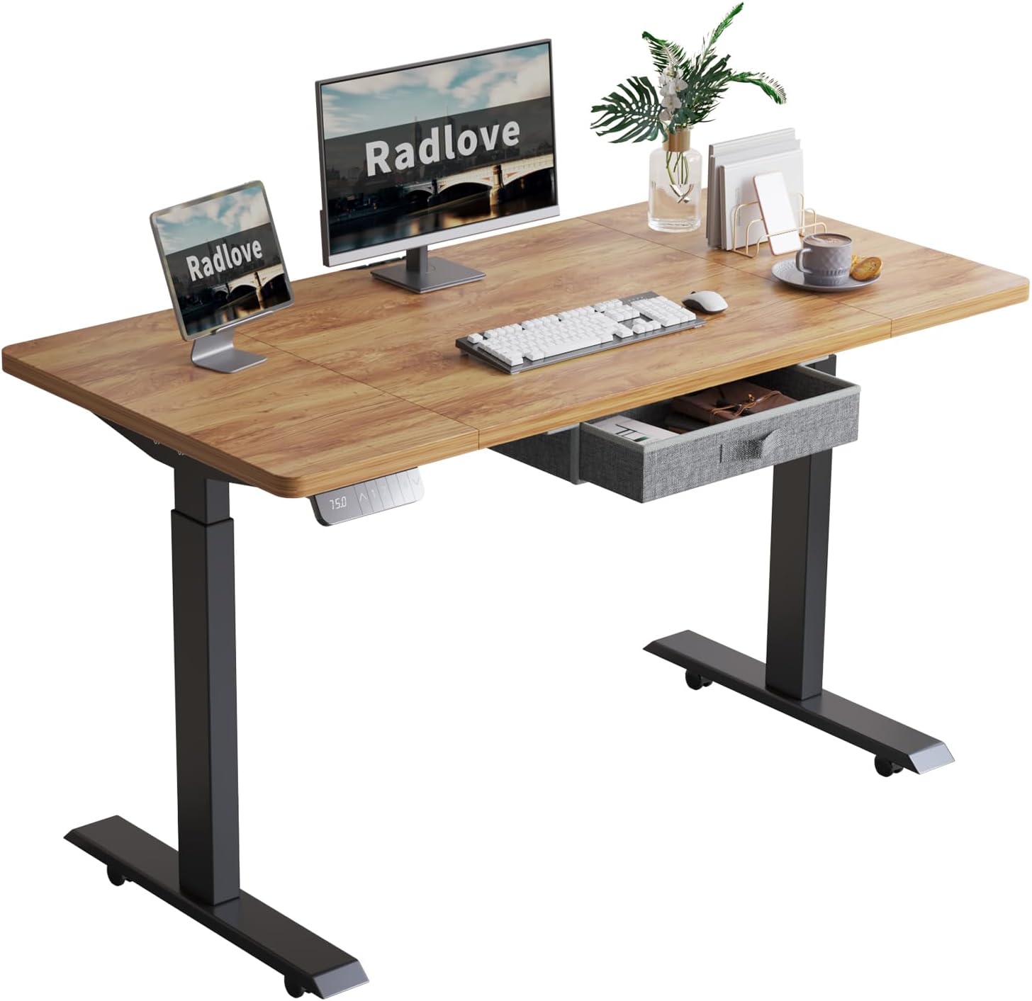 Radlove Dual Motors Height Adjustable 55 x 30'' Electric Standing Desk with Drawer 4 Memory Keys, Fast Charging Port, 265LBs Load Capacity with Splice Board Home Office Desk, Brown Top + Black Frame
