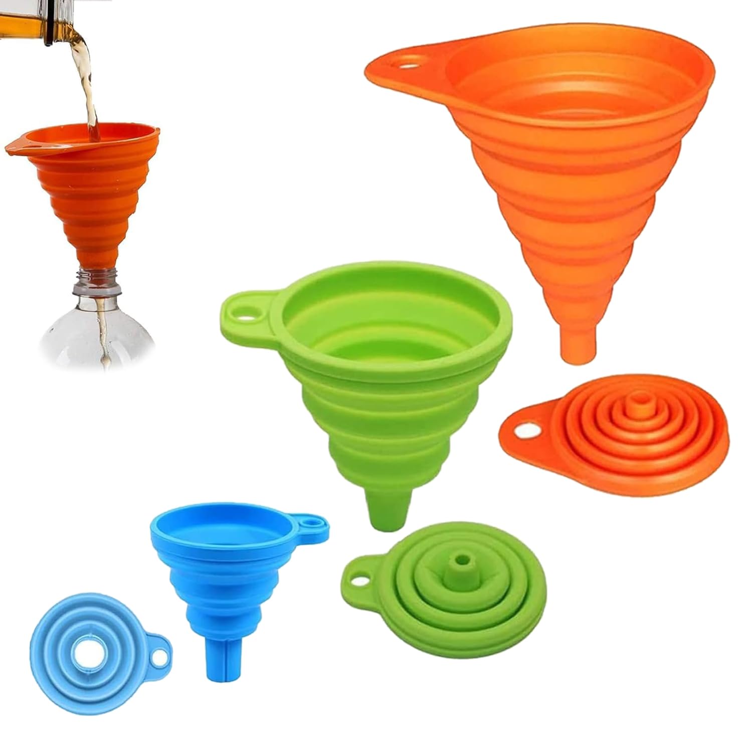 3 PCS Collapsible Funnel Set, Silicone Kitchen Funnels for Filling Bottles or Containers, Small Funnels in Rainbow Colors (S/M/L), Ideal for Oil, Liquid, and Powder Transfer, BPA Free and Dishwasher S