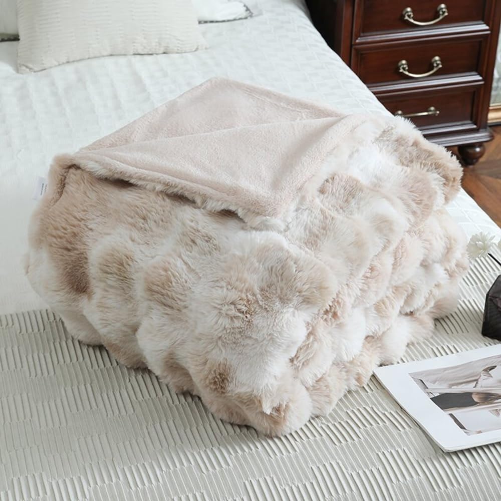 RYNGHIPY Faux Rabbit Fur Bed Throws, Fluffy Warm Throw Blanket for Sofa Couch, Soft Plush Decorative Blanket Thick and Heavy, Cute Bubble Furry Blanket (Blush, 63''x79''): 51''x63'' Light Tan