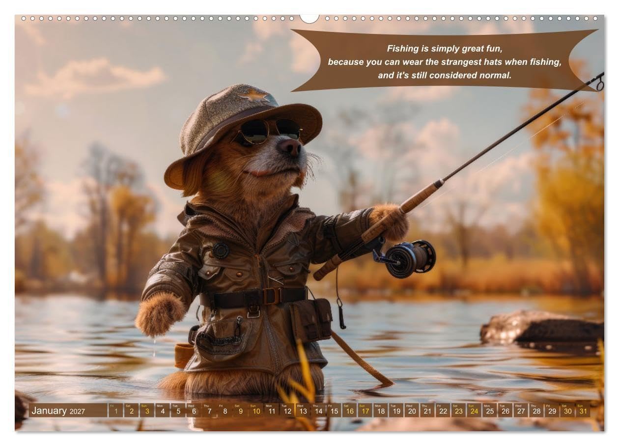 Funny charming animals as fishermen (High Quality Premium Wall Calendar 2027 DIN A2 landscape),CALVENDO 12 Month Wall Calendar: Funny animals sit in ... lake fishing, accompanied by humorous sayings