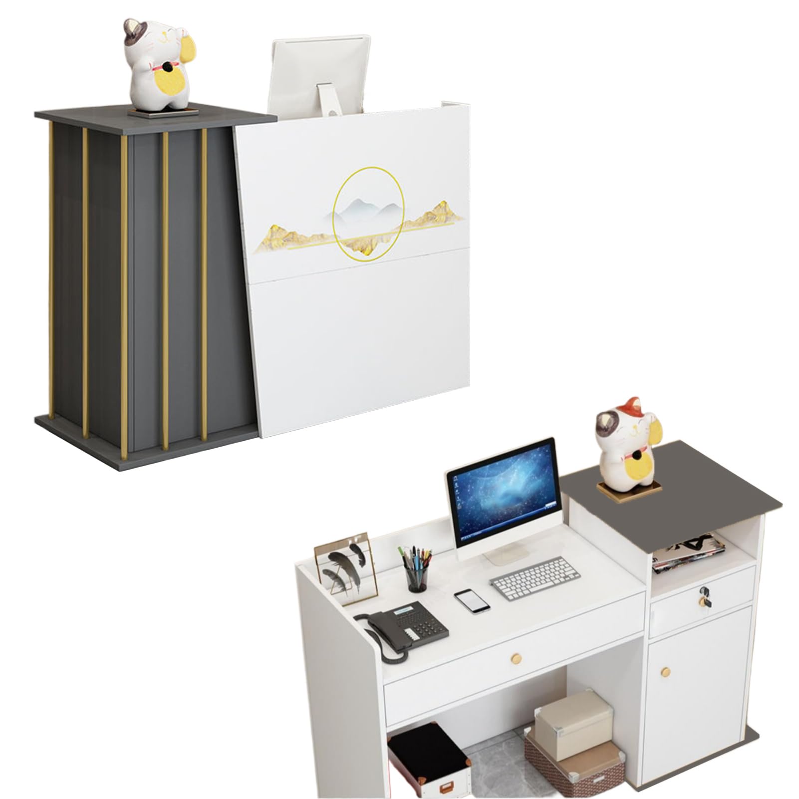 Empfangstheke Salon Kosmetikstudio 120cm Weiss Gold, Rezeptionstheke Hotel, Weiß Empfangsthek Verkaufstheke Fachmann Theke BüRo Rezeption, Laden, BekleidungsgeschäFten, Firmenhallen, Laden-Theke