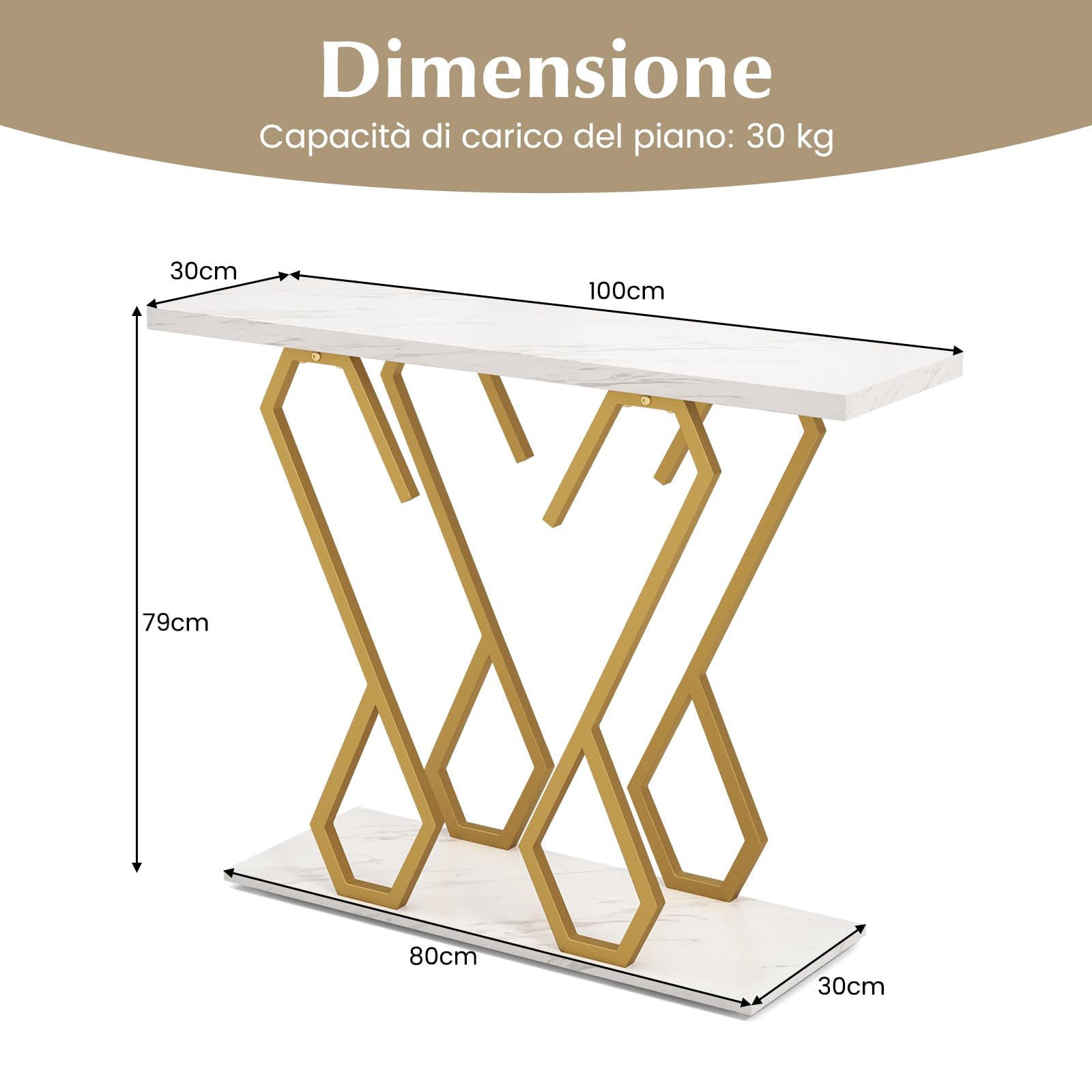 COSTWAY Tavolo Consolle 100cm, Tavolo d'Ingresso con Piedini Regolabili, Kit Antiribaltamento e Struttura in Metallo, Tavolino da Divano per Soggiorno, Ingresso e Corridoio (Bianco e Oro)