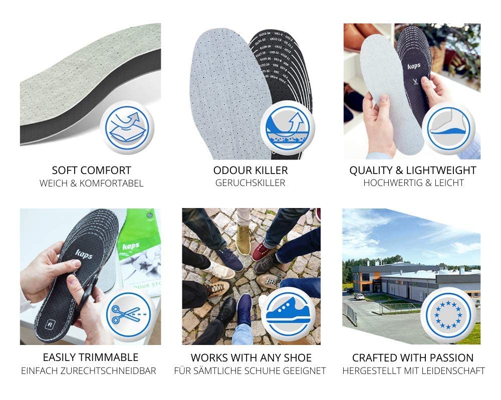 Kaps Paquete de 6 Pares Plantillas Anti-Olor Carbón Vegetal Insertos Zapatos Odour Stop Corte Medida