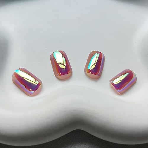 Miniatura 2 de Uñas postizas cortas a presión, cuadradas, cromadas, con diseños de flash láser, uñas acrílicas de color nude, uñas acrílicas de cobertura completa,