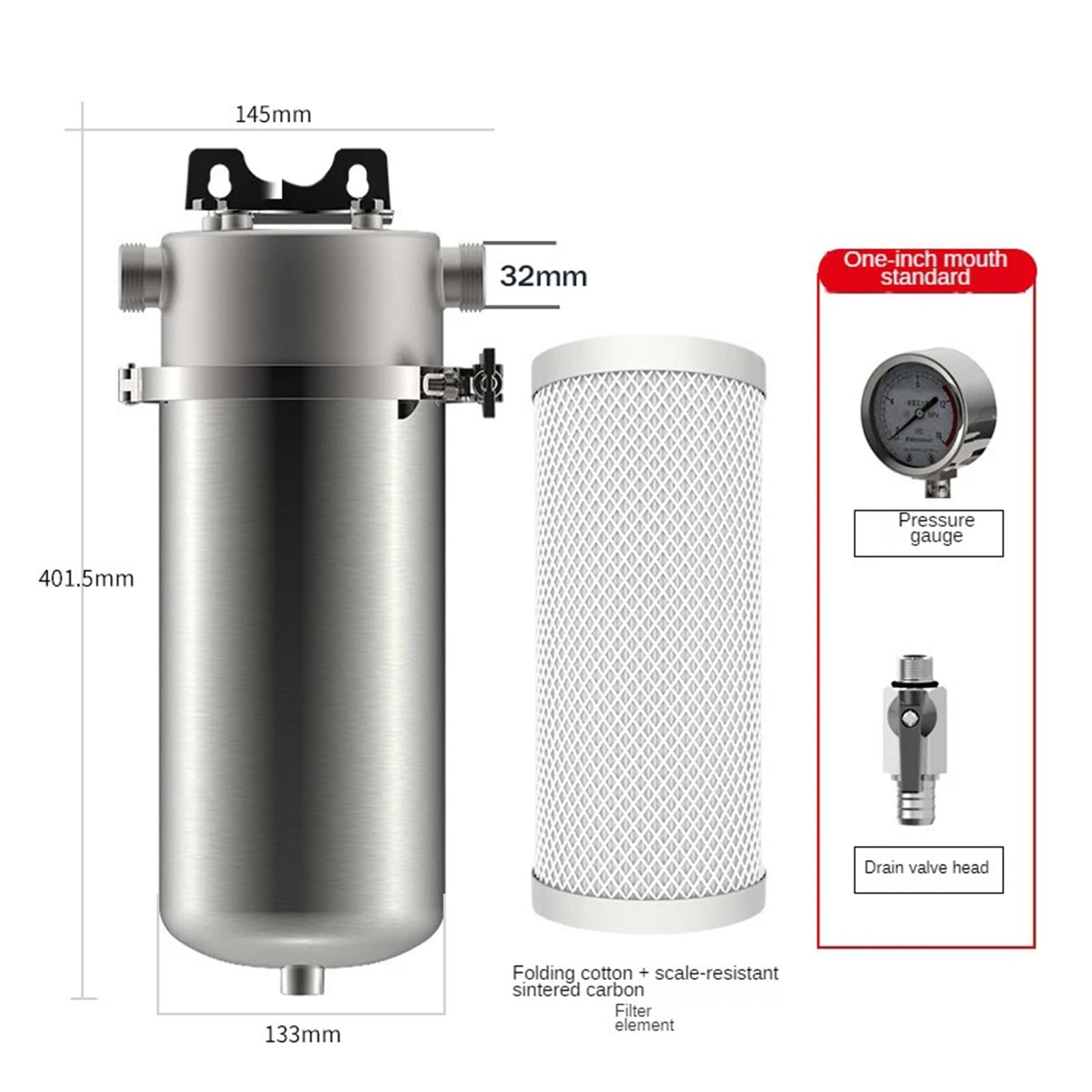 di filtraggio acqua in acciaio inossidabile da 10 pollici, prefiltro for l'acqua del lavandino di grandi dimensioni a 3 stadi da 1 micron Sostituzione sottolavello(401.5mm)