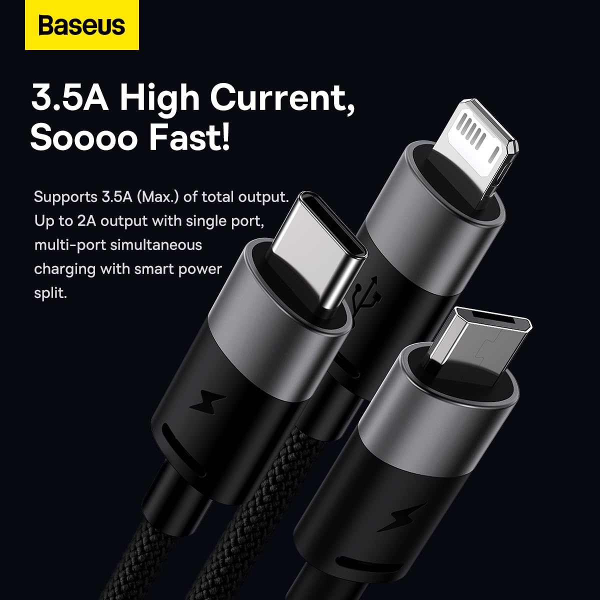 BASEUS StarSpeed 1-for-3 High-speed USB data cable to M+L+C 3.5A 1.2m Black