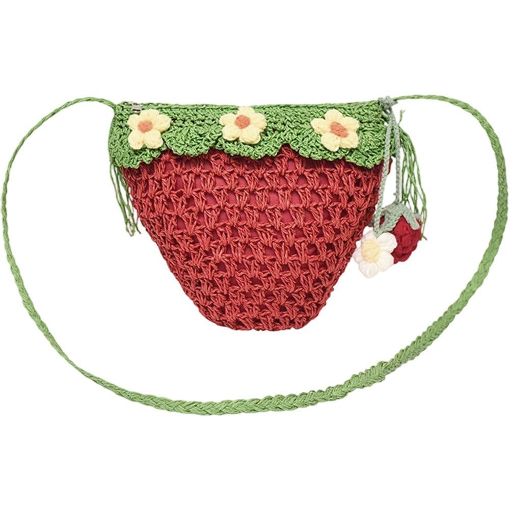 Ppmter Handmade Knitted Purse Crossbody Bag Novelty Strawberry Shaped Crochet Shoulder Bag for Women