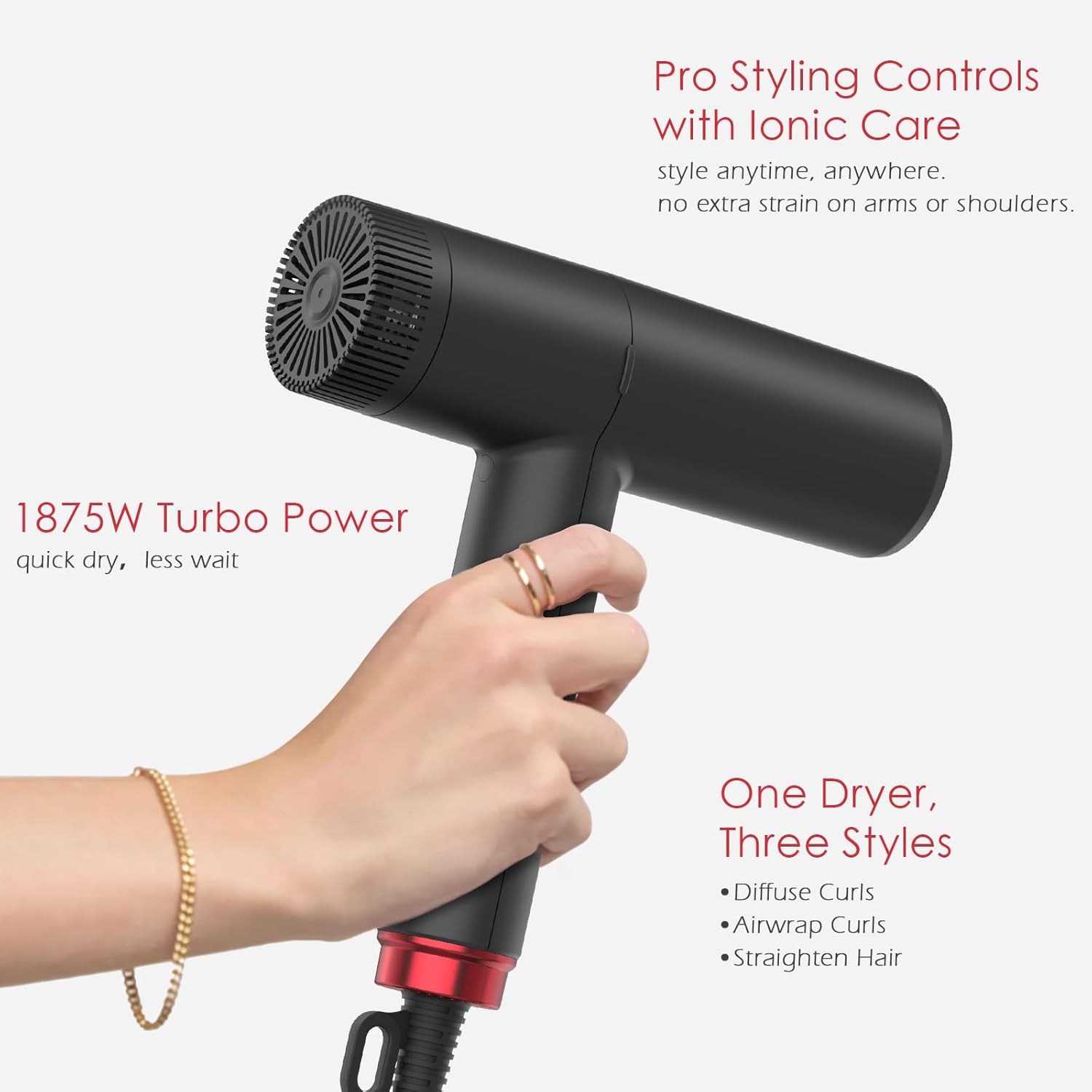 TOME Hair Dryer, 1875W High-Speed EC Motor 110,000 RPM Ionic Blow Dryer, Fast Drying, Cool Shot Lock, 3 Heat 2 Speed, 4 Attachments (Styling Nozzle, Diffuser, 2 Air-Powered Wrap Wands), 125V Red