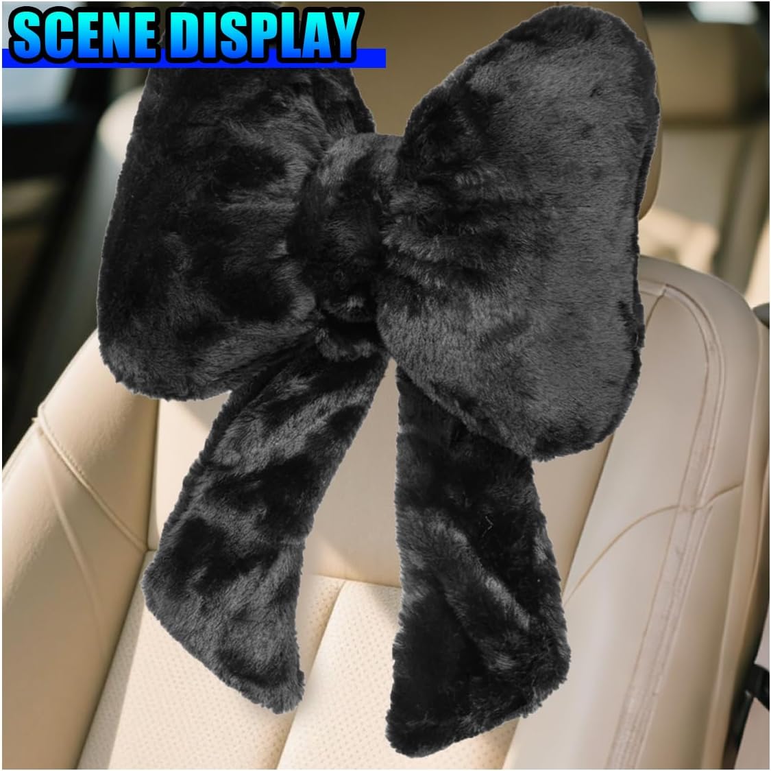 Bow Car Headrest Pillow, Plush Soft Comfortable Warm Car Neck Pillow with Adjustable Strap, Universal Breathable Ergonomic Vehicle Interior Neck Support Cushion for Fatigue Relief(Black)