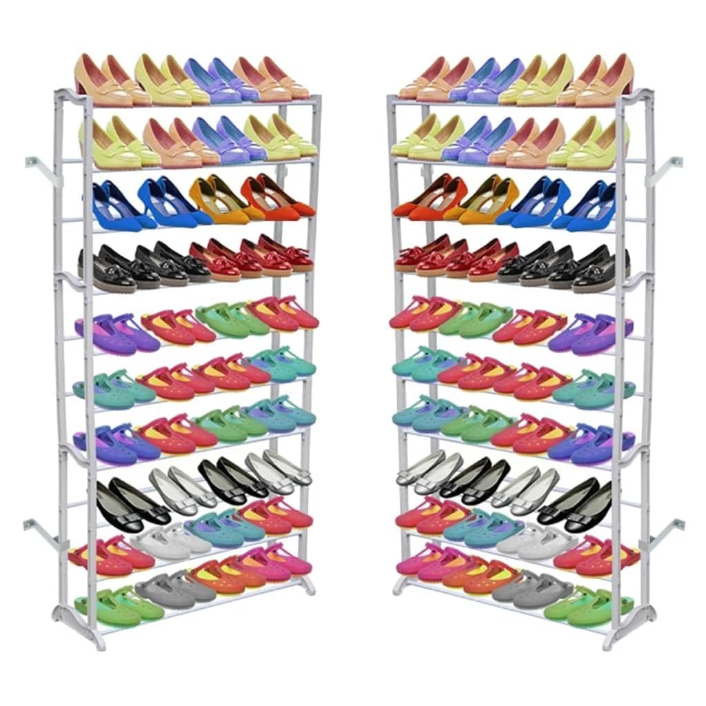 vidaXL- 2 Multi-tier Shoe Rack, Easy Assembly, Capacity for 40 Pairs, Space-Saving Design, Robust Plastic-Metal Construction, White