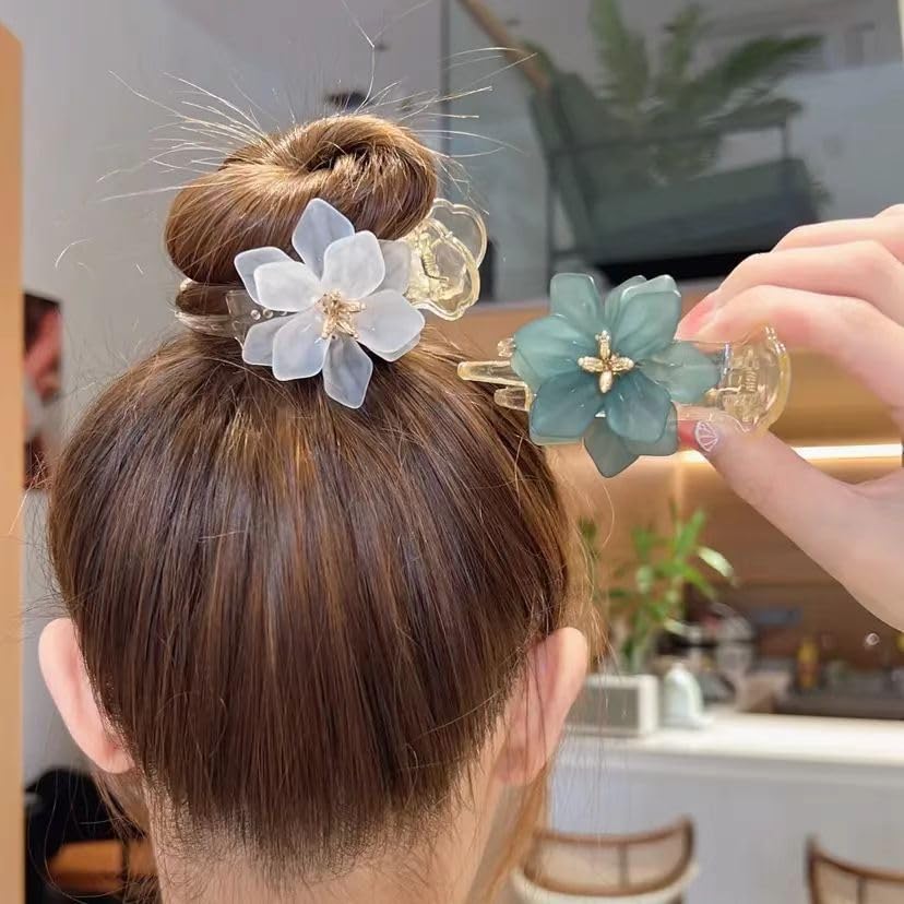 Miniatura 6 de Pinzas para el cabello de Camellia, flores blancas, pinza para cabeza de albóndiga de camelia, cola de caballo alta, horquilla fija de garra de