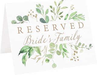 Reserved Wedding Table Sign | Set of 6 Watercolor White and Gold with Eucalyptus Greenery Signs Including Seating for Bride's Family Groom's Family and Wedding Party | Freestanding Double Sided