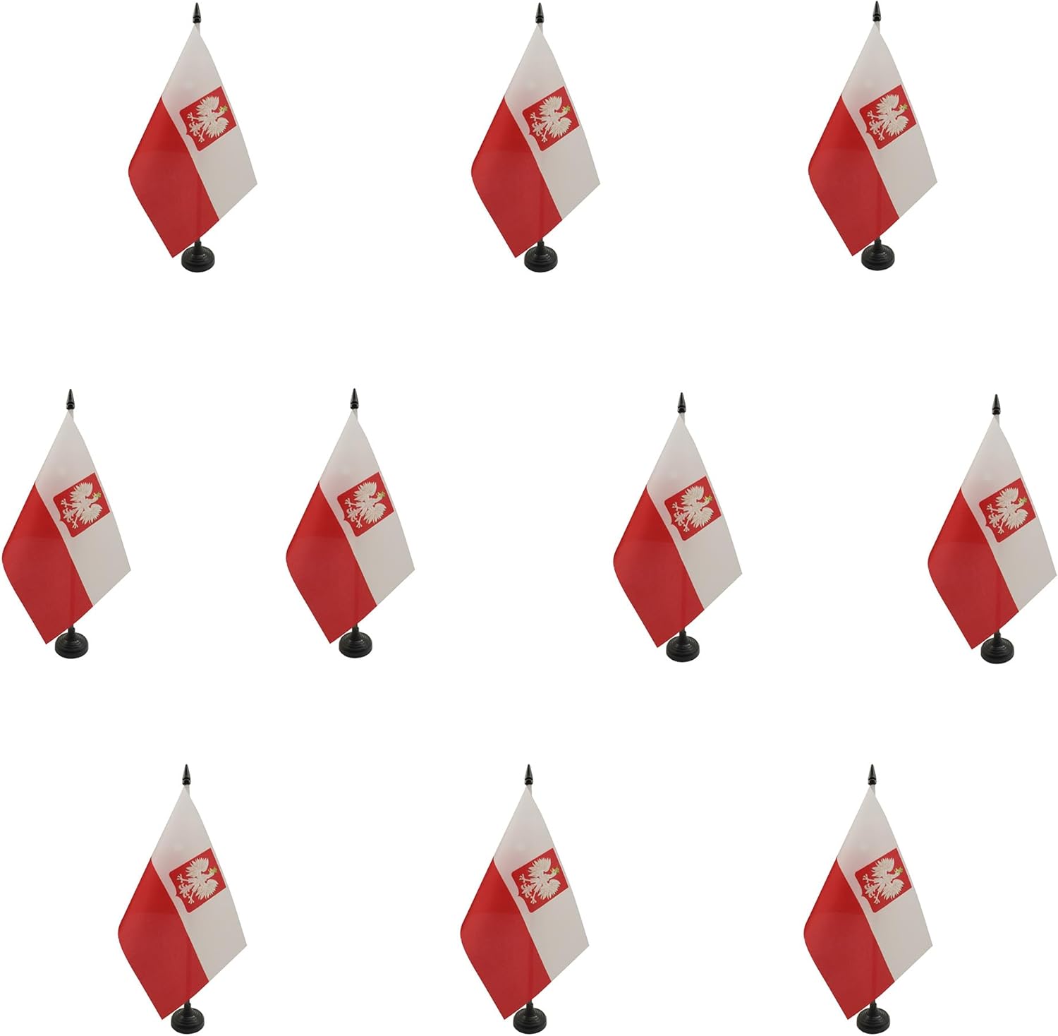 AZ FLAG Set of 10 Poland Table Flags with Eagle 21 x 14 cm - 10 Small Polish Office Flags 100% Polyester with 25 cm Pole and Black Plastic Base