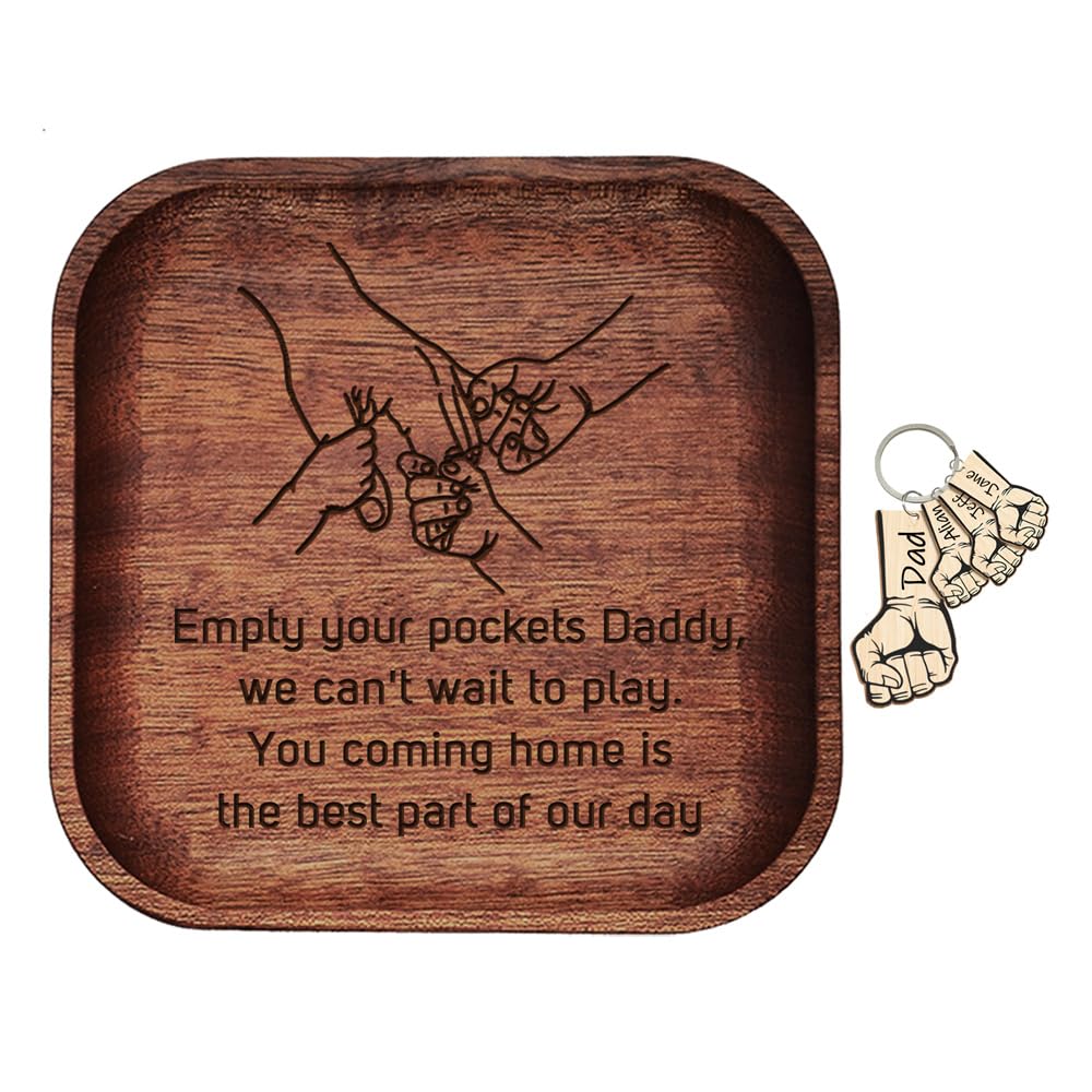 Empty Your Pockets Daddy, Father's Day Wood Valet Tray for Daddy, Engraved Wooden Key Storage Tray with Keychain, Men Papa Dad Gifts for Father Day