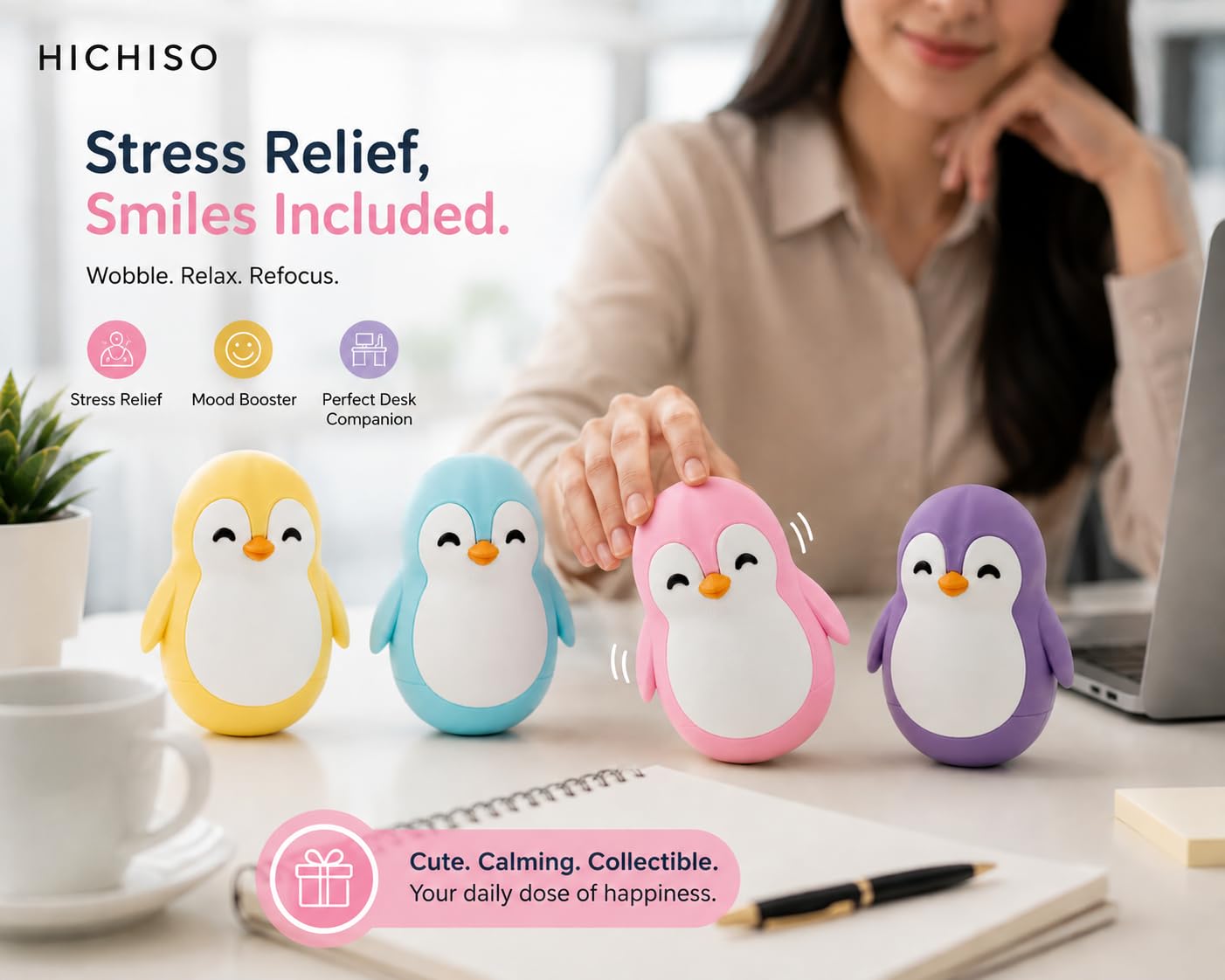 Roly Poly Penguin Wobbler | Cute Self-Righting Penguin Desk Toy | Stress Relief Fidget Toy | Mini Penguin Collectible | Office Desk Decor & Gift (Macaroon Pink, 1 pc) — Amazon image 5