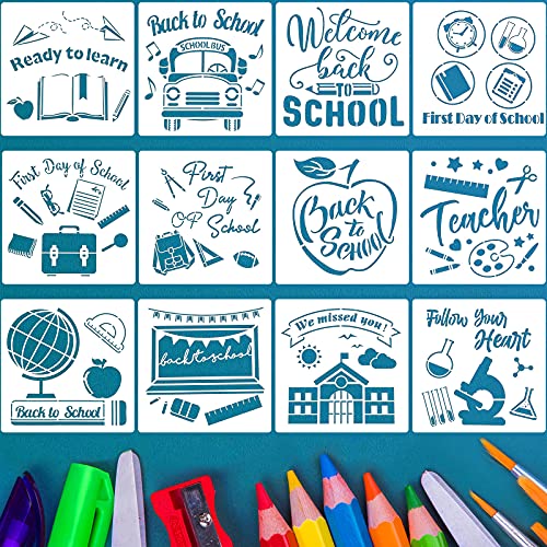 12 Pièces Pochoirs Retour à école Modèles de Premier Jour d'École 8 x 8 Pouces Pochoir à Motif Scolaire Réutilisable pour Bricolage Scrapbooking Traçage Dessin sur Meubles Fenêtre Mur thumbnail