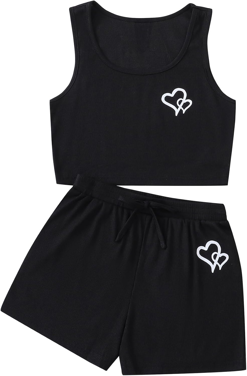Girls 2 Piece Outfits Ribbed Heart Graphic Sleeveless Tank Top and Drawstring Elastic Waist Short Sets