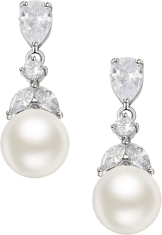 SWEETV Cubic Zirconia Pearl Drop Wedding Earrings for Brides, Ivory Bridal Pearl Earrings for Bridesmaid Jewelry Gift