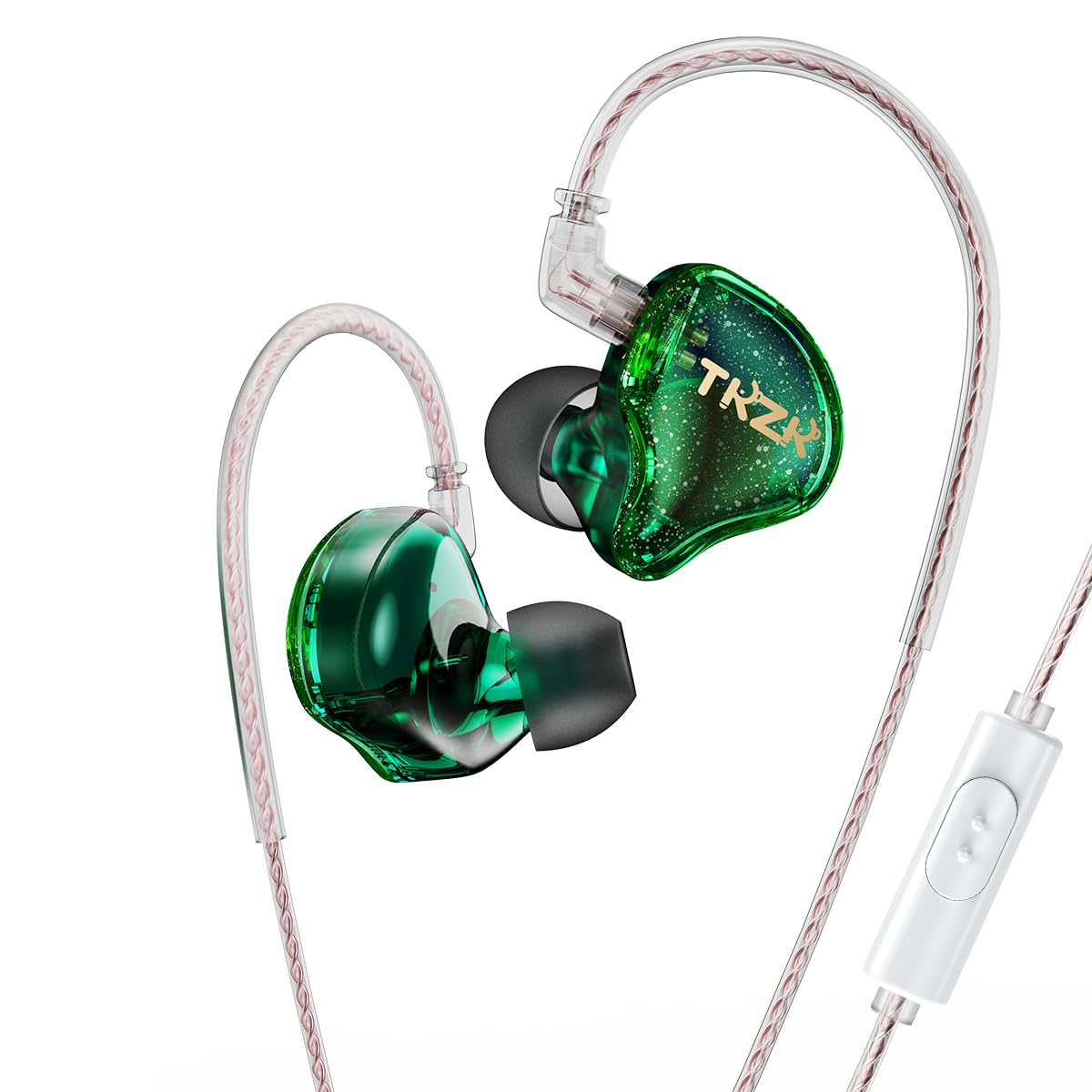 TKZK TK01 イヤモニ イヤホン 有線 インイヤー カナル型 HIFI音質 ハイエンド イアフォンノイズキャンセリング モニター 2pin 脱着式リケーブルデザイン ゲーミング ヘッドホン 耳掛け 3.5mmプラグ iPhone/Android適用 在宅勤務/配信/通勤/通学/スポ一ツ/音楽モニター用(グリーン・マイク付き)