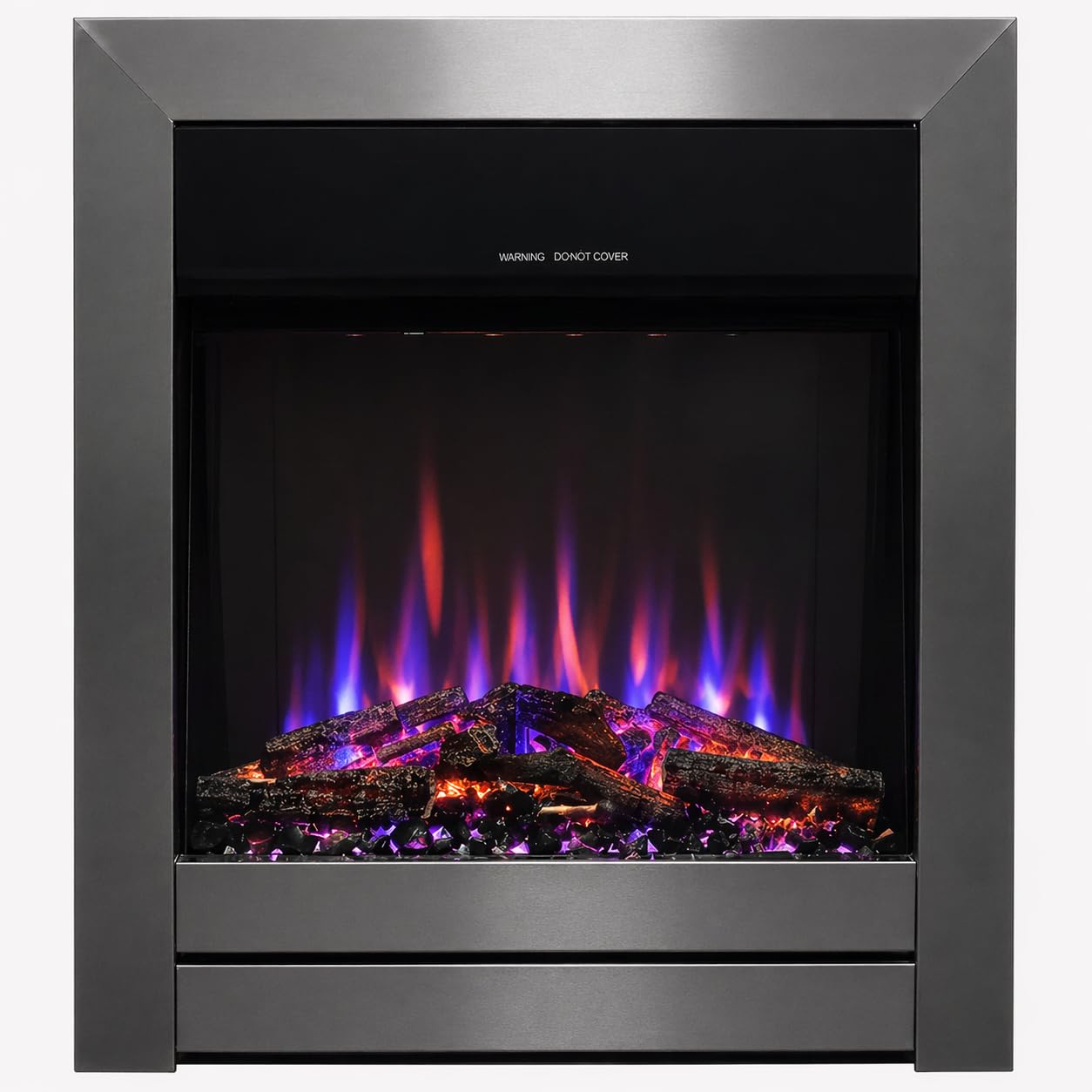 Valine Fires Recessed Wall Electric Fireplace Insert - Silver & Black Metal Inset Electric Fire, Finish, LED Fake Flame Effect, Remote Control, 1400W/1600W, Coal Effect Logs & Crystals