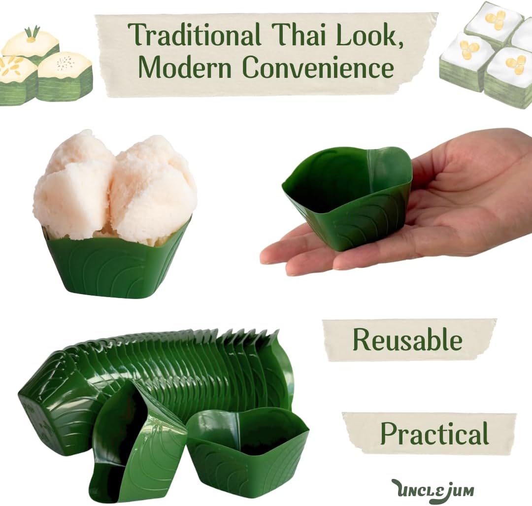 Reusable Plastic Steaming Cups – Banana Leaf Shape Thai Dessert Molds Plate, Jelly, Pudding, Cupcakes, and Asian Sweets (50, Size 6 cm)
