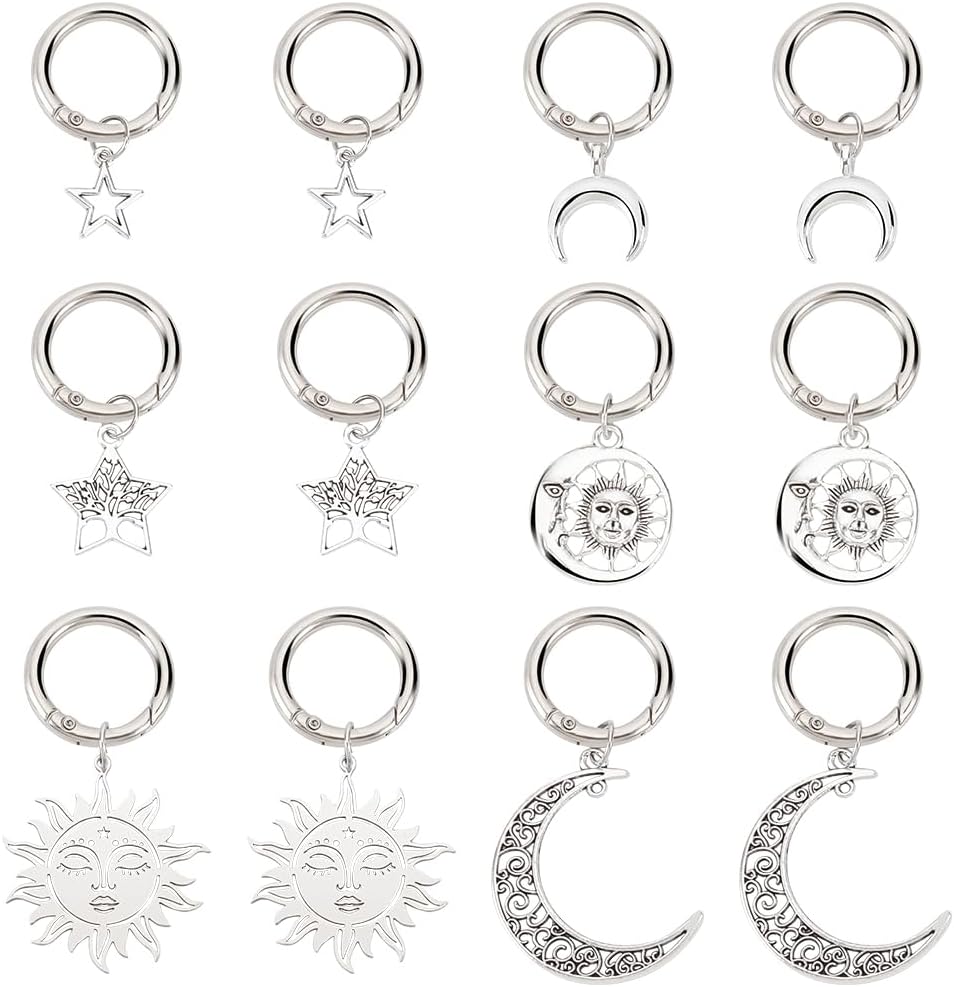 WEBEEDY 12 PCS 3 Styles Alloy Boot Charm Sun and Moon Star Shoe Pendants Silver Shoelace Charms with Spring Gate Rings Charms Accessories for Women Sneaker Boots Sandal Casual Shoes