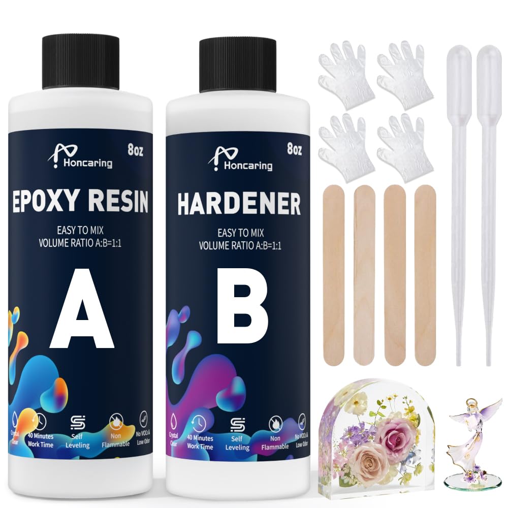 Honcaring Epoxy Resin 16OZ, Clear Beginner-Friendly Kit, Clear Resin Epoxy for Crafts, DIY Jewelry Making, Mixing Ratio 1:1, Less Bubble & No