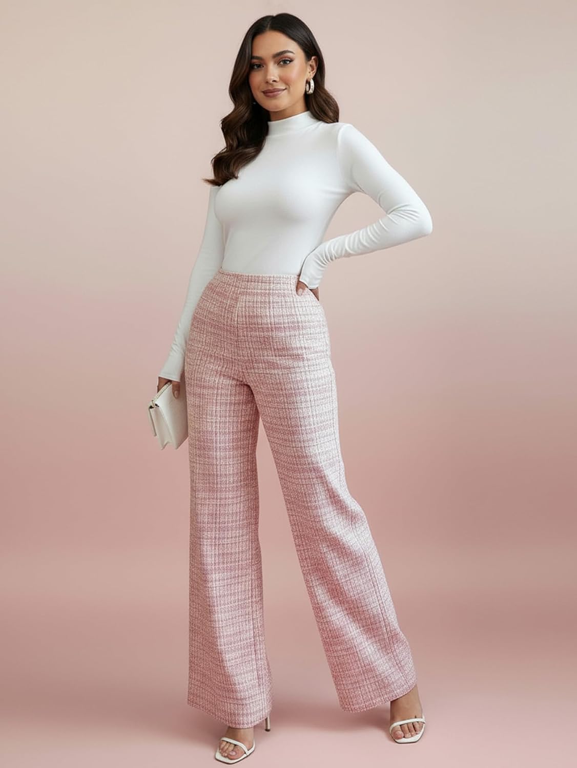 Women's Elegant Plaid Tweed Pants Vintage High Waisted Straight Leg Fall Business Casual Trousers - Image 5