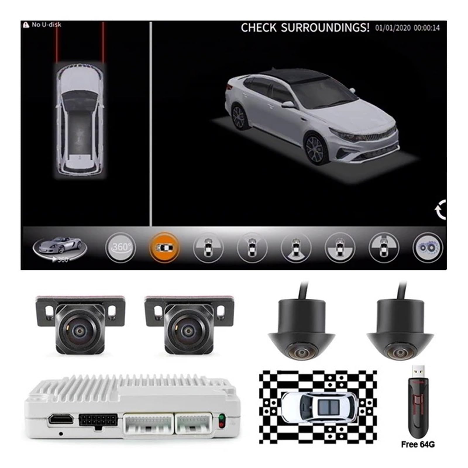 Auto 3D 360 Grad Ansicht Panoramasystem Parkplatz Omnidirektionale Monitor Video Recorder DVR Autokamera(with Calibration 64G)