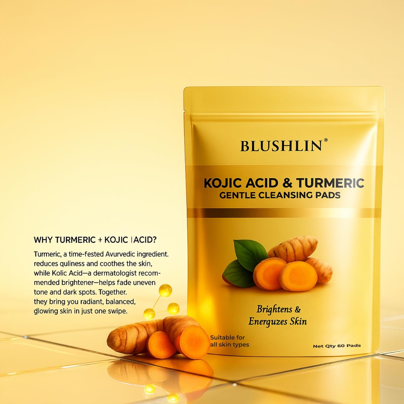 BLUSHLIN kojic acid and turmeric cleansing pads 60 Count β Dark Spot Removal, Skin Brightening & Acne Care | With Vitamin C, Retinol & Chamomile | Makeup Remover | For Women & Men | All Skin Types | 60 Pads (Pack of 1) 4