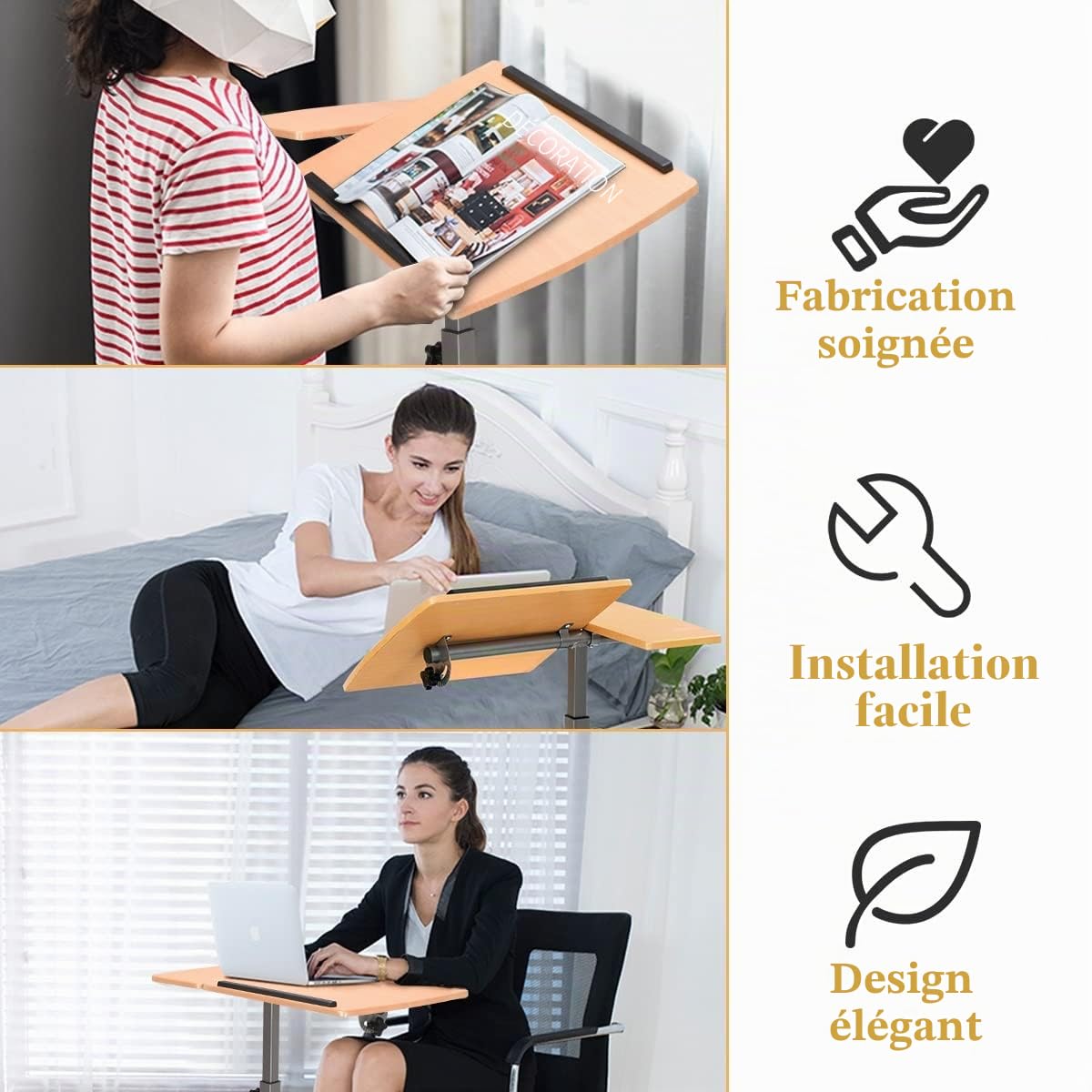 GIANTEX Table de Lit Roulante pour Ordinateur Portable, Table Réglable en Hauteur et Inclinable, Bout de Canapé avec Plateau pour Souris 64 x 45 x (71-93) cm (Naturel)