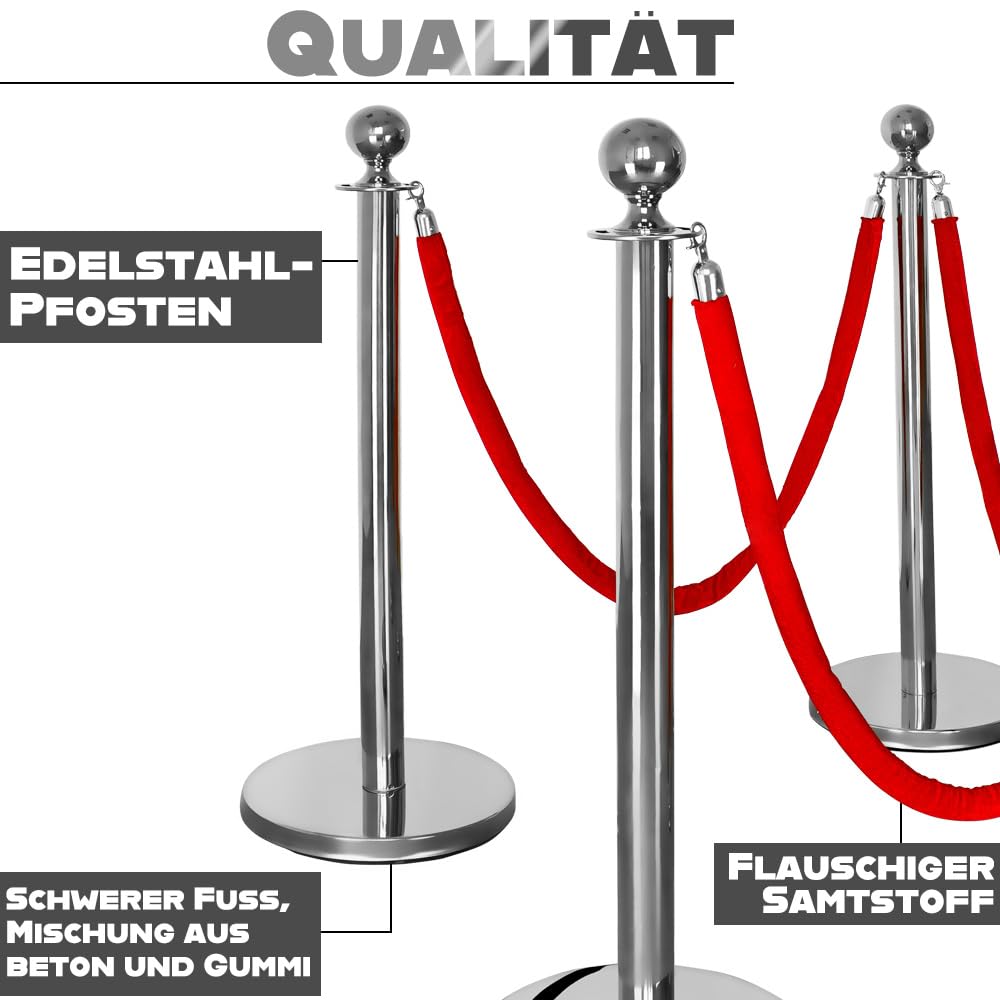 4-teiliges Personenleitsystem mit Kordel Absperrung Absperrkordel Absperrband Abgrenzungsständer Absperrpfosten Leitpfosten Abstandhalter Silber Rot V2Aox