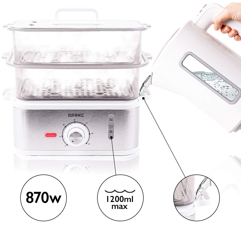 Duronic FS87 Vaporera eléctrica 870W | Minutero Temporizador | Capacidad de 10.6 litros y Bandeja antigoteo | Libre de BPA | Cocine verduras pescado arroz platos más sanos