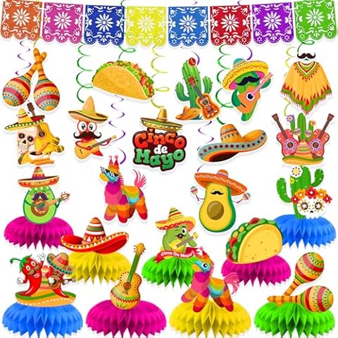 AinDen Fiesta Party Decorations, Mexican Fiesta Party Supplies Includes Banner, Hanging Swirl, Honeycomb Table Centerpieces Cover