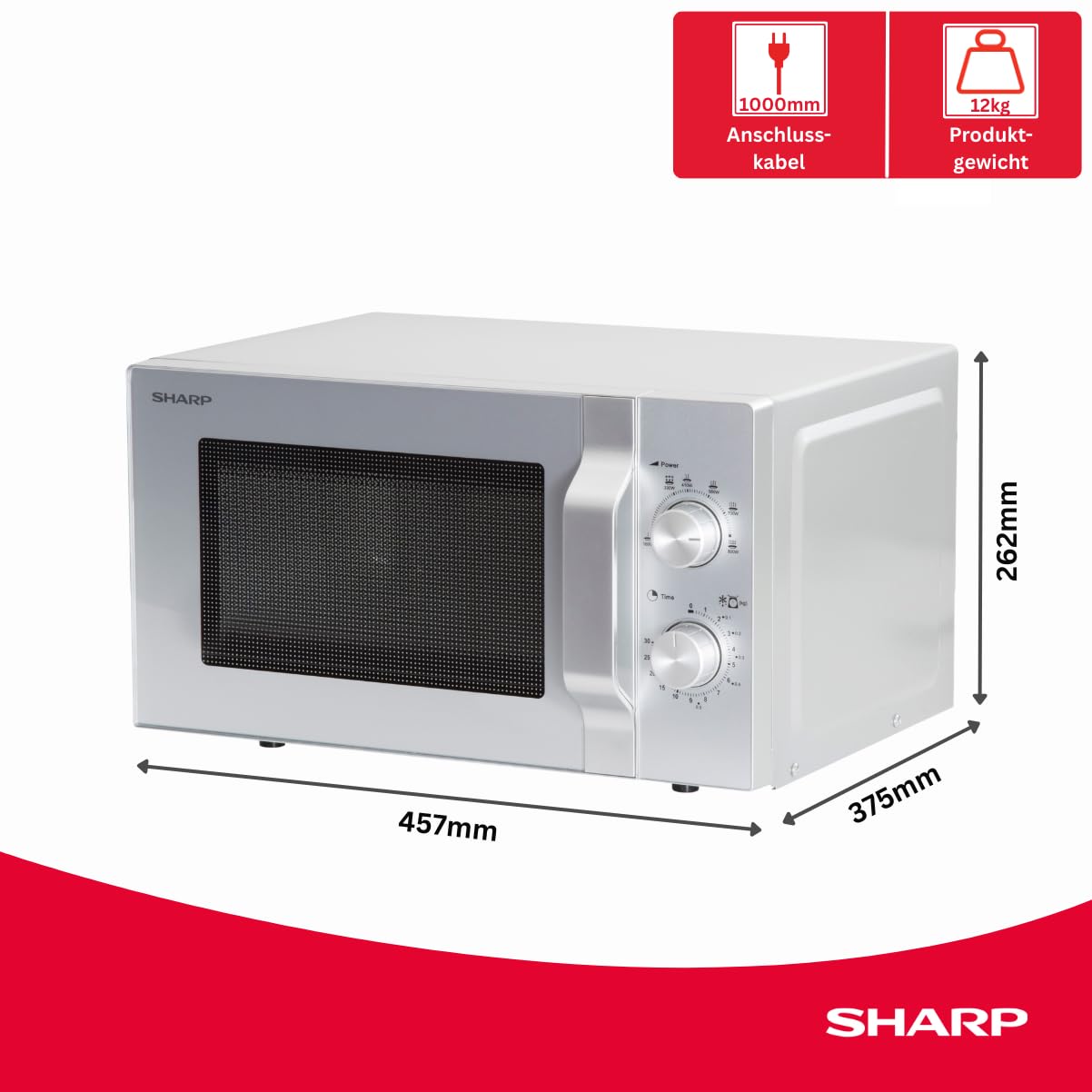 Sharp R204S Solo-Mikrowelle/ 20 L/ 800 W/ 6 Leistungsstufen/Zeitschaltuhr von 30 Minuten bis 00 Sekunden/Gewichtgesteuertes Auftauen/Glasdrehteller (24, 5 cm)/ Silber