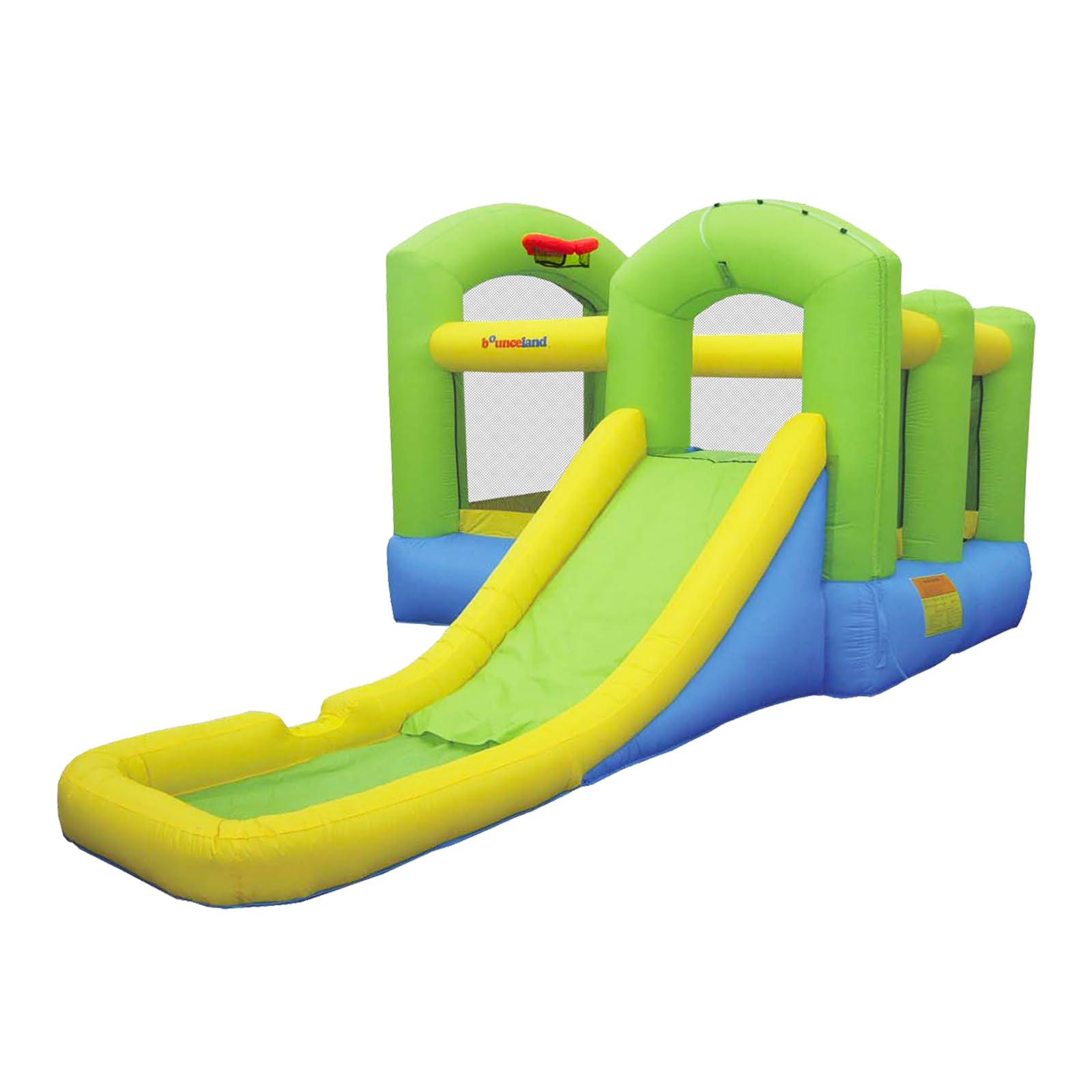 Condition photo showing New/Like New for bounceland bounce 'n splash island wet or dry inflatable bouncer or water slide all in one, large pool, fun bouncing area with basketball hoop, long slide,