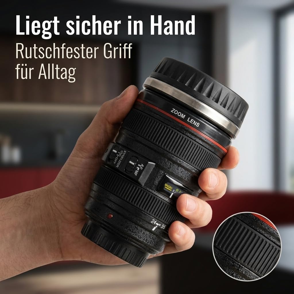 MIJOMA Kameraobjektiv Becher – Thermobecher mit Edelstahleinsatz – 350 ml – Kaffeebecher im Kamera-Design – mit Deckel & rutschfestem Griff (Packung mit 2)
