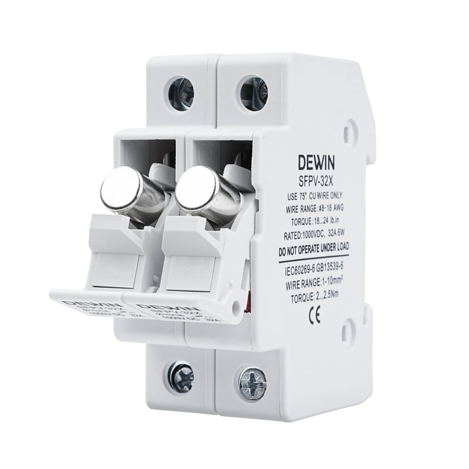 DEWIN Fusible fotovoltaico, 2 polos, 1000 V CC, 32 A, protección contra sobrecarga y cortocircuito.(With 15A PV fuse)