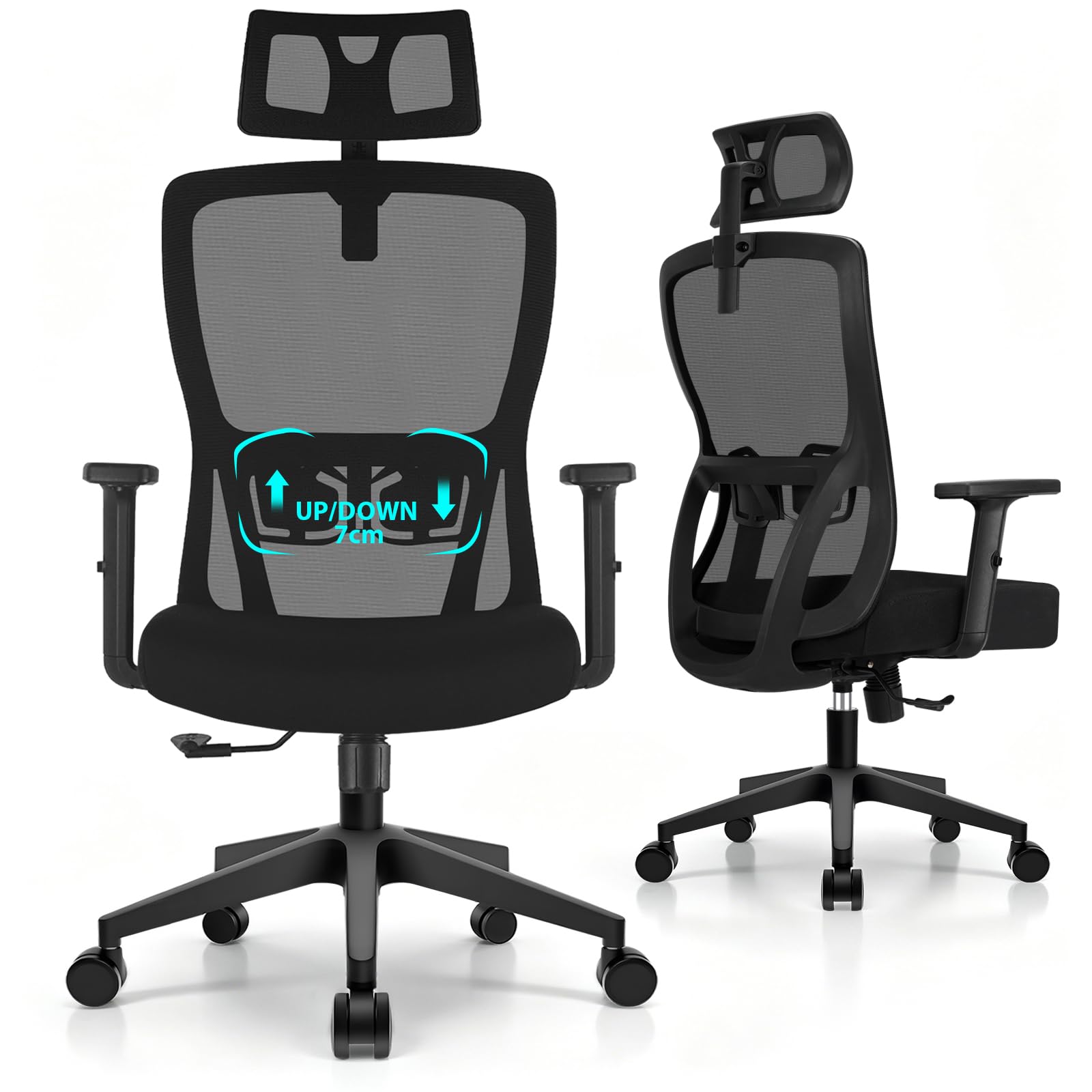 Durrafy Silla de Oficina Ergonómica con Reposacabezas Ajustable, Reposabrazos, Soporte Lumbar, Altura Regulable y Oscilación de 130°, Silla de Escritorio con Capacidad de Carga de 150 kg