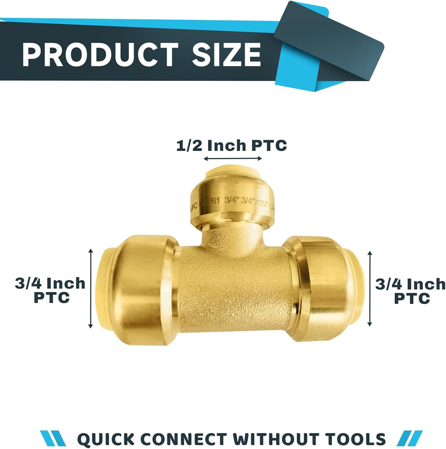 (Pack of 5) Seelink 3/4" x 3/4" x 1/2" Push Fit Tee Brass fitting, Push to Connect Pex, Copper, CPVC Pipe/Tubing, With Disconnect Clip(PF127-5Pack)