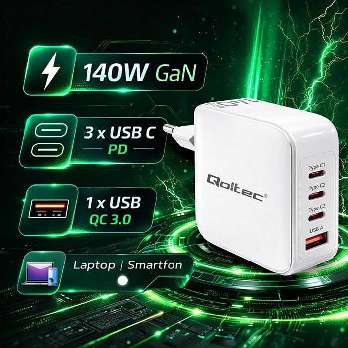 Qoltec Ładowarka sieciowa 140W GaN | 5-20V | 2.5-5A | 3 x USB-C PD | 1 x USB QC 3.0 | Laptop | Smartfon | Biała