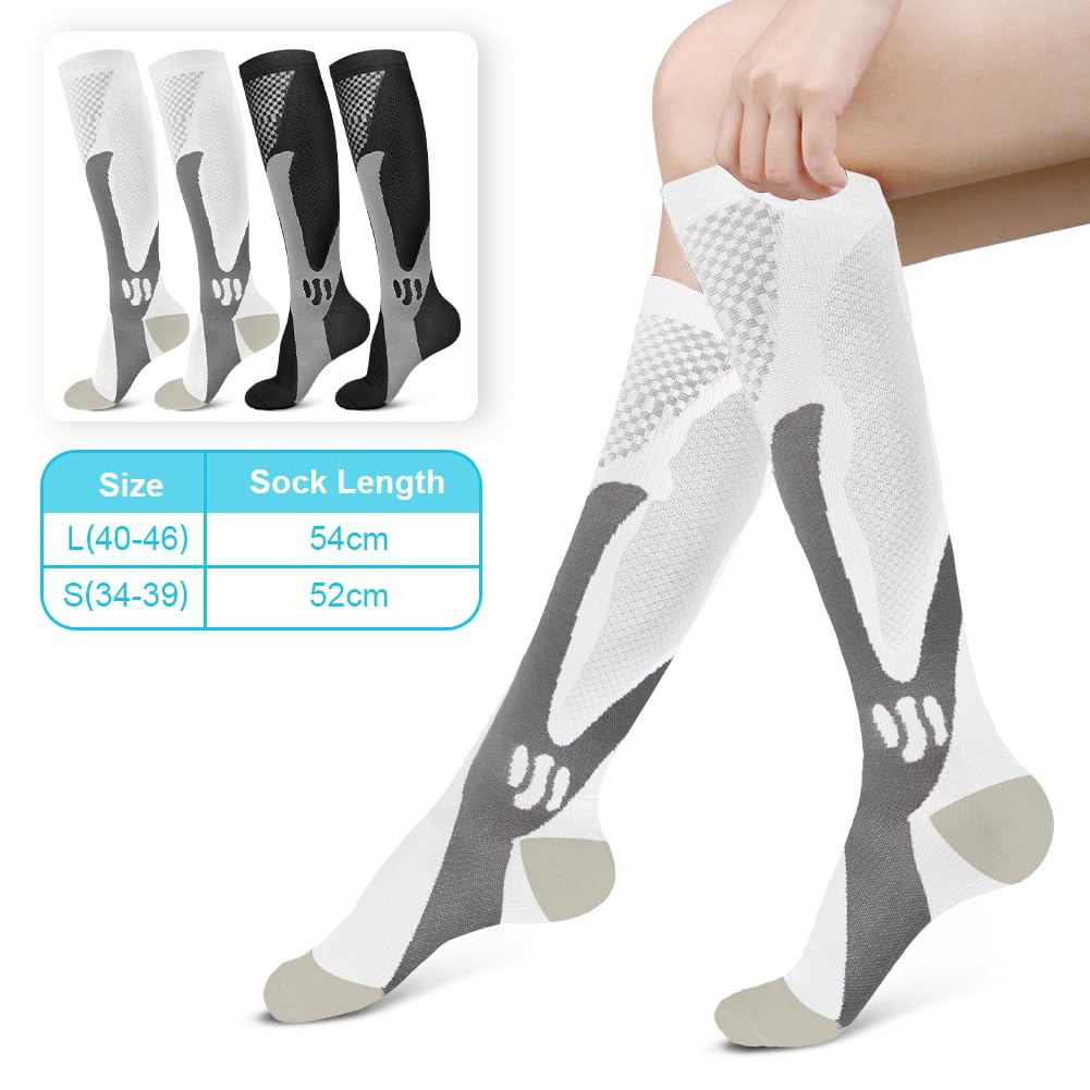 ACWOO Kompressionsstrümpfe Damen und Herren, 2 Paare Kompressionssocken Medizinisch Kompressionsstrümpfe 20-30 mmhg, Thrombosestrümpfe für Sport, Outdoor (S/M, Schwarz/Weiß)