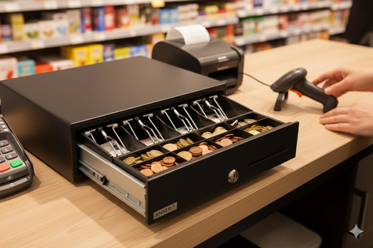 ANKER MDZ13 - Cassetto porta denaro in acciaio, con fessure per inserto, 8 monete e 4 scomparti per banconote, RJ12, per POS e casse