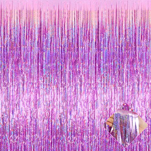 Image of 4 Pack 3.2Ft x 8.2Ft Pink Foil Fringe Curtain Backdrop, Metallic Tinsel Foil Fringe Streamers Curtains Background for Photo Booth, Birthday, Wedding, Disco, Bachelorette, Christmas Party Decoration