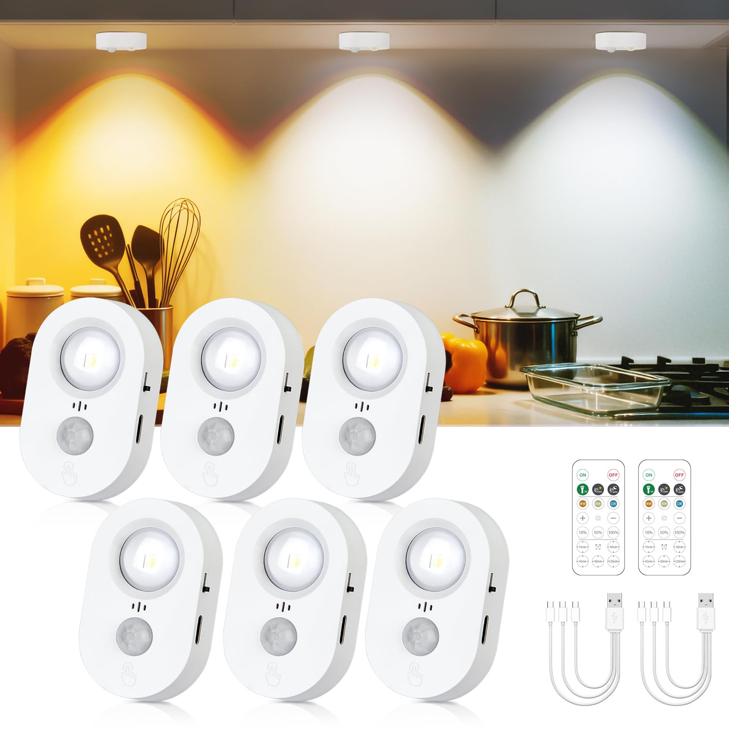Yiliaw USB Bewegungsmelder Led Spot Akku Innen, Kleine wiederaufladbare Unterbauleuchten, Dimmbares Warmweißes Schranklicht, Klebendes kabelloses Nachtlicht für Schublade, Küche, Weiß (6er Pack)