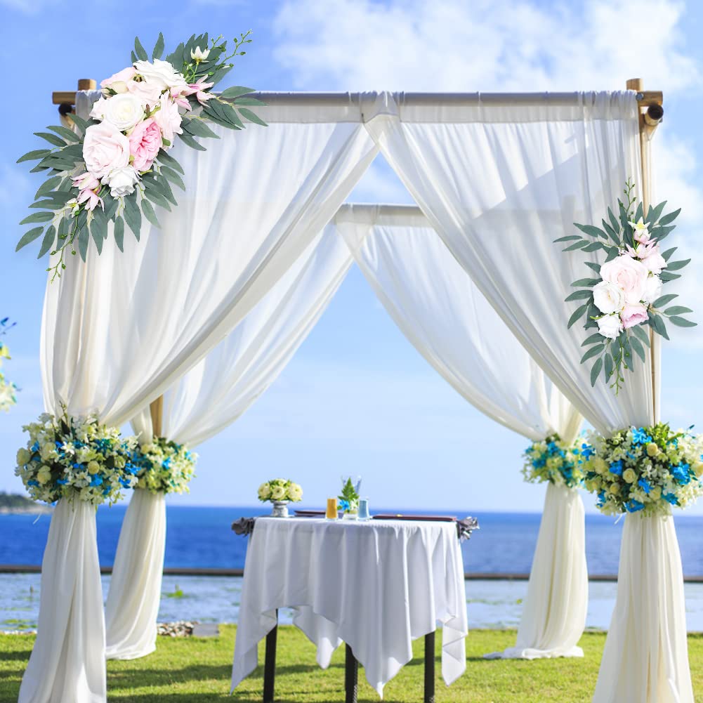 Kunstmatige bruiloft boog bloemen Kit roze, 2 stuks witte roos bloem swag met 1pc witte pure draperen stof bloemen swags voor bruiloft decoratie